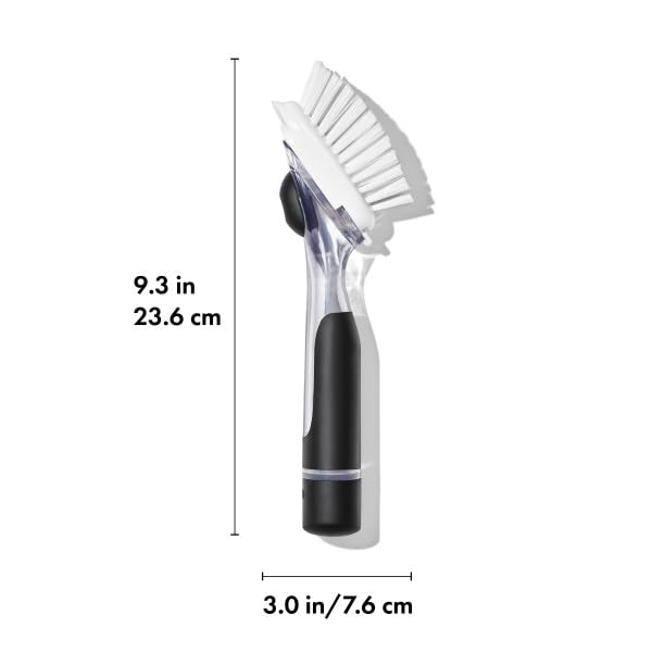 OXO Dish Brush for and 12361700 One-Push Brush, Non-Scratch, Detergent-Holding Dishes, Pots, Pans,