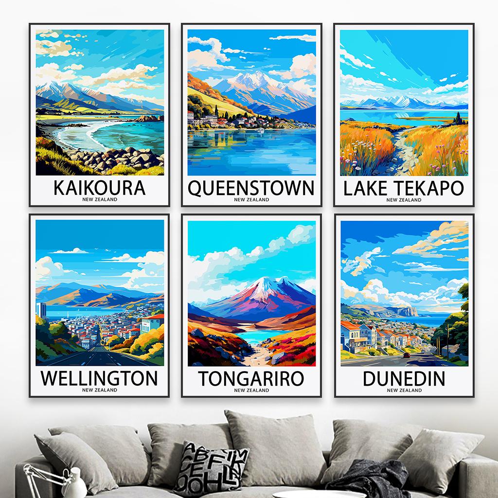 Modern Queenstown Travel Poster New Zealand Landscape Art Print Coloful Dunedin Tongariro Canvas Painting Home Room Decoration