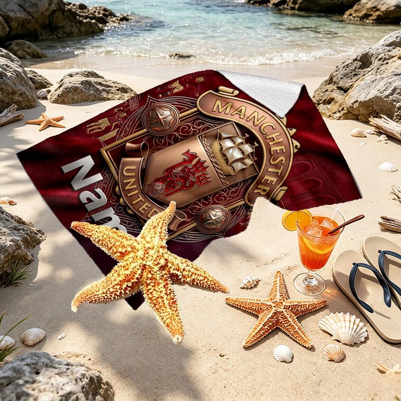 Custom Name Personalized Manchester United Print Beach Towel, for Trip Camping Beach Party Home Decor, Birthday Gift for Family & Friends