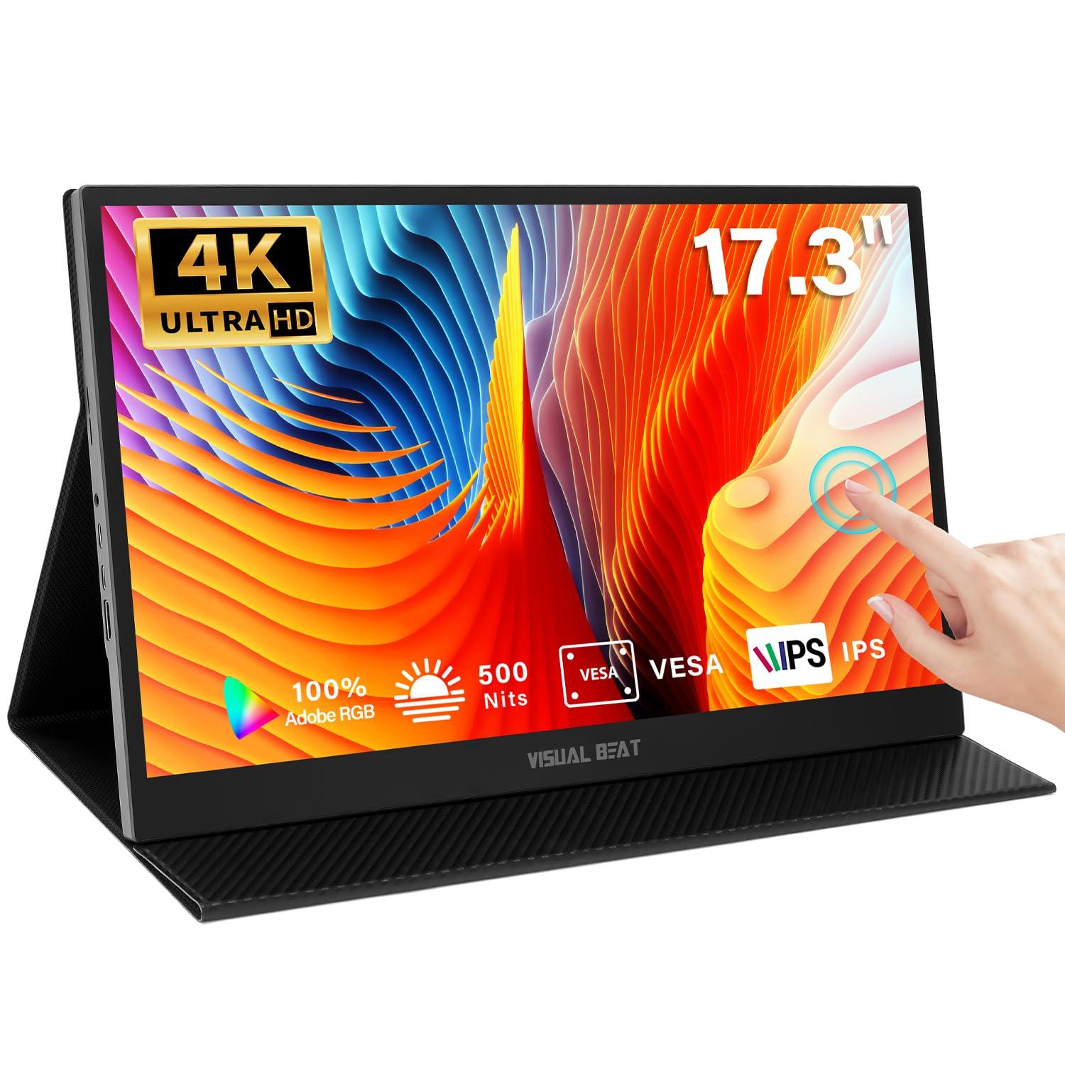 

Visual Beat 4K Portable Touchscreen UHD 500 nits AdobeRGB IPS HDR Travel HDMI Dual VESA Mount Smart Cover Compatible with Switch 17.3 Monitor, 100%