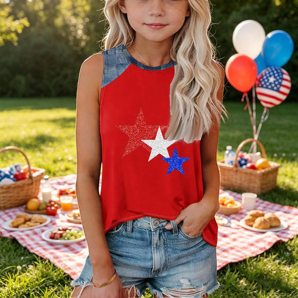Girls Sleeveless Loose Fit Tank Top Round Neck T Shirt with Star Pattern Denim Patchwork Summer Casual Tee for Kids