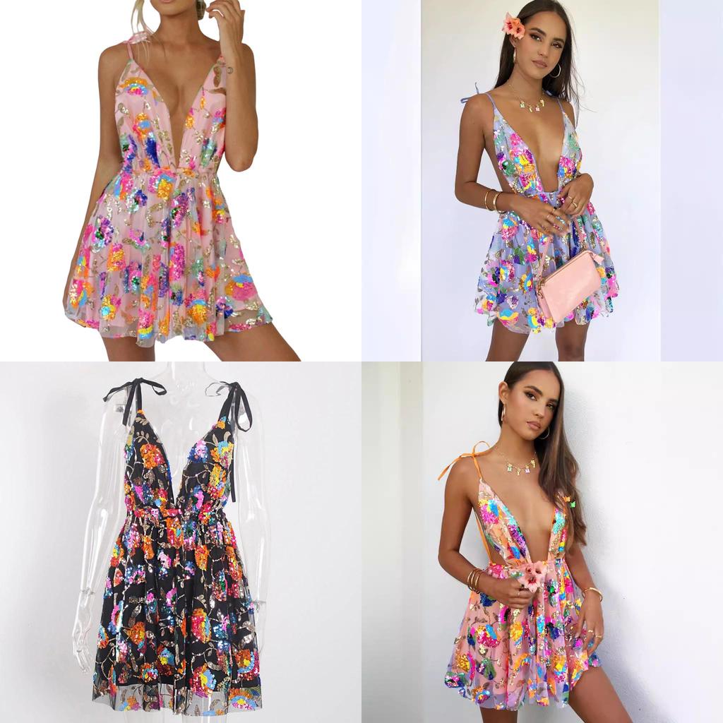 Elegant Polyester Sequin Short Dress With Vneck And Backless Design For Summer Party Wear