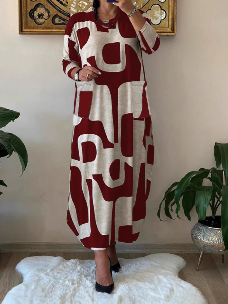 Women's 2025 Autumn/Winter Plus Size Loose Round Neck Long Sleeve Print Dress