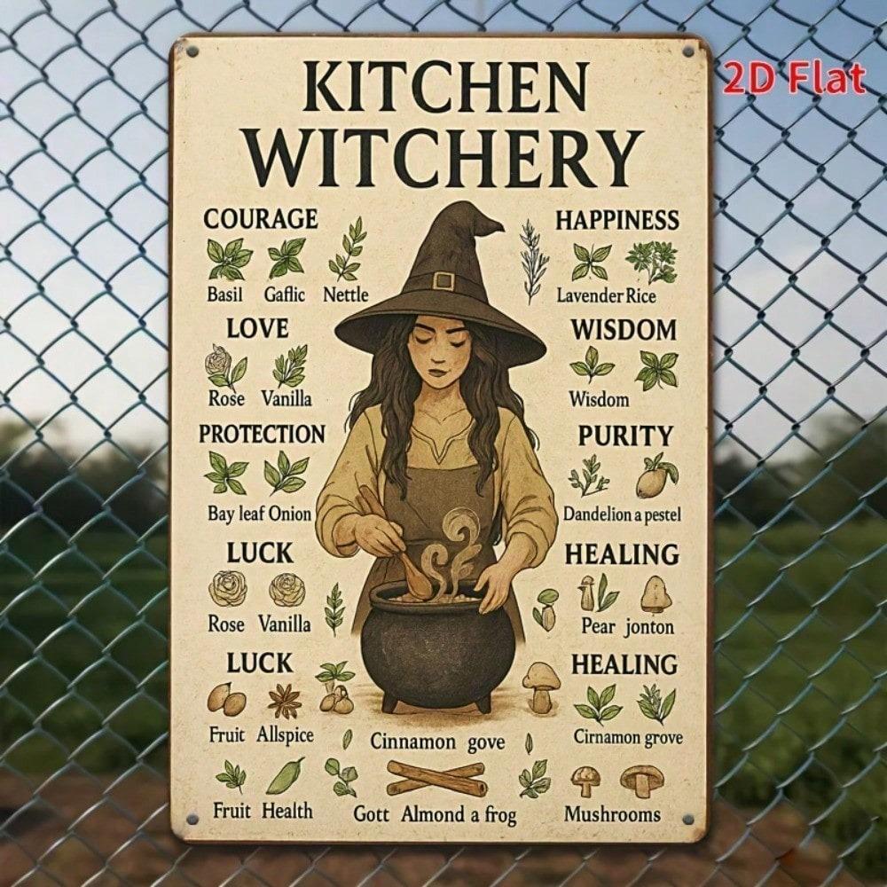 Vintage Easter Witch Metal Plaque 8x12, Rustic Kitchen Witchery Sign, Herbalism Symbols, 2D Flat Wall Decor
