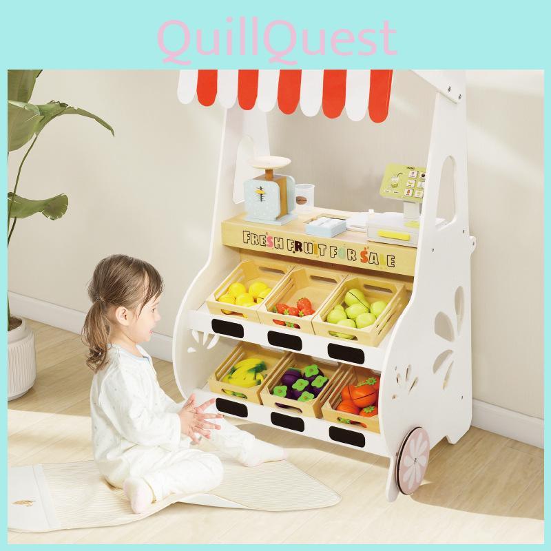 Mobile Fruit Portable Stall Wooden Playset For Toddlers Imaginative Play Role