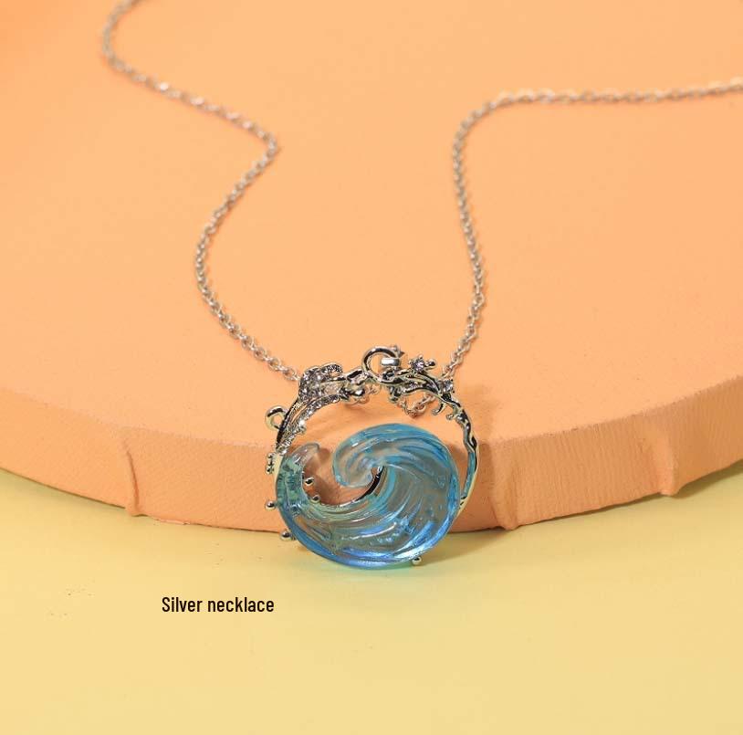Sky Blue Sea Wave Jewelry Set: Resin Necklace, Earrings & Ring