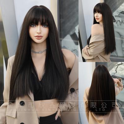 Ladies Long Straight Black Tea Brown Wig with Blunt Bangs European and American Style Women’s Synthetic Full Wig