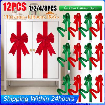 1-12pcs Christmas Ribbons Bows Cabinet Door Hanging Bows Ribbons Front Door Decorations Large Bows Xmas New Year Home Ornaments