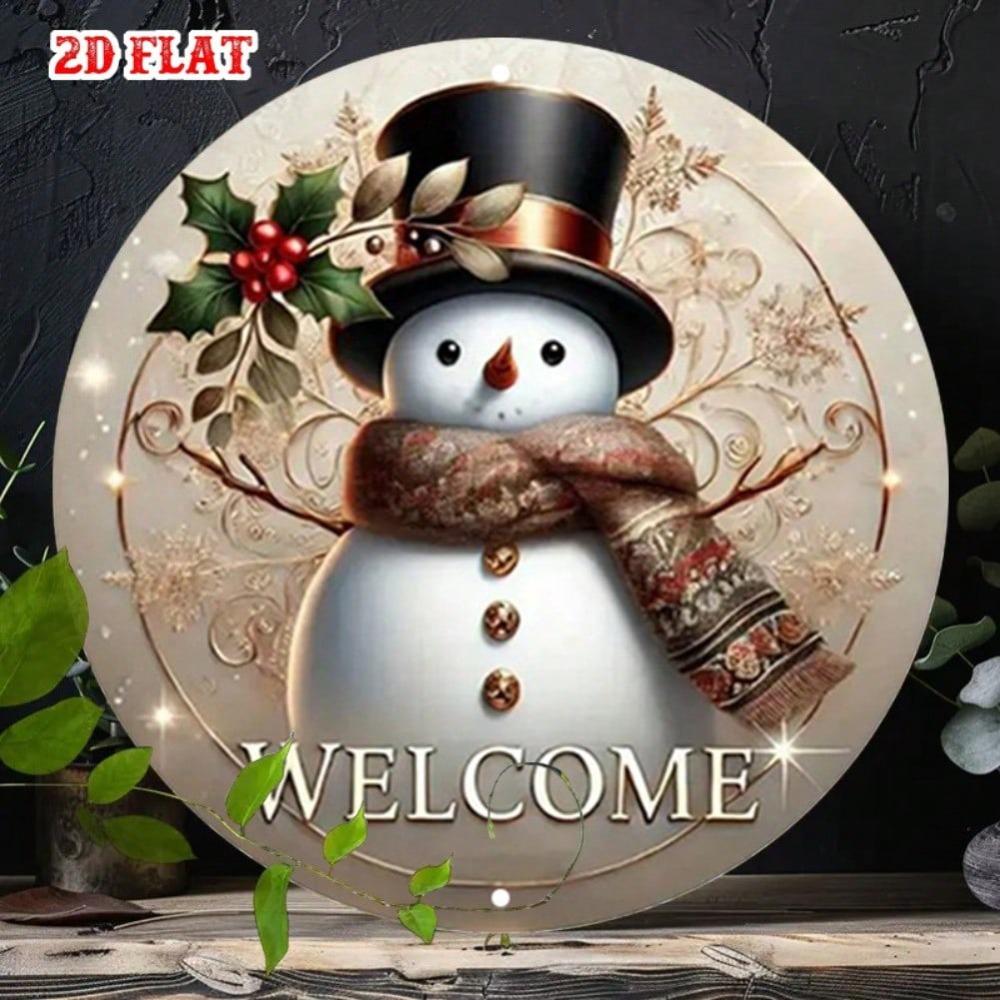 Vintage Snowman Metal Wall Art Round Rustic Christmas Decor Farmhouse Holiday Welcome Sign Winter Home Decor Aluminum Gift