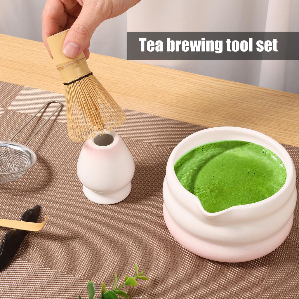7pcs Pink Heart Decal Ceramic Matcha Set, Cute Matcha Set Includes Matcha Bowl, Matcha Whisk and Holder, Bamboo Scoop, Sifter
