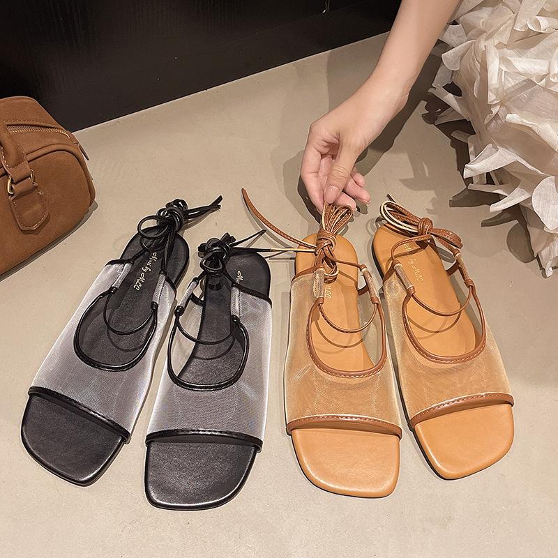 Fashion 2025 Summer Flats Women Bohemia Sandals Square Toe Open Toe Ladies Casual Mesh Breathable Street Style Ankle Cross Strap Sandal