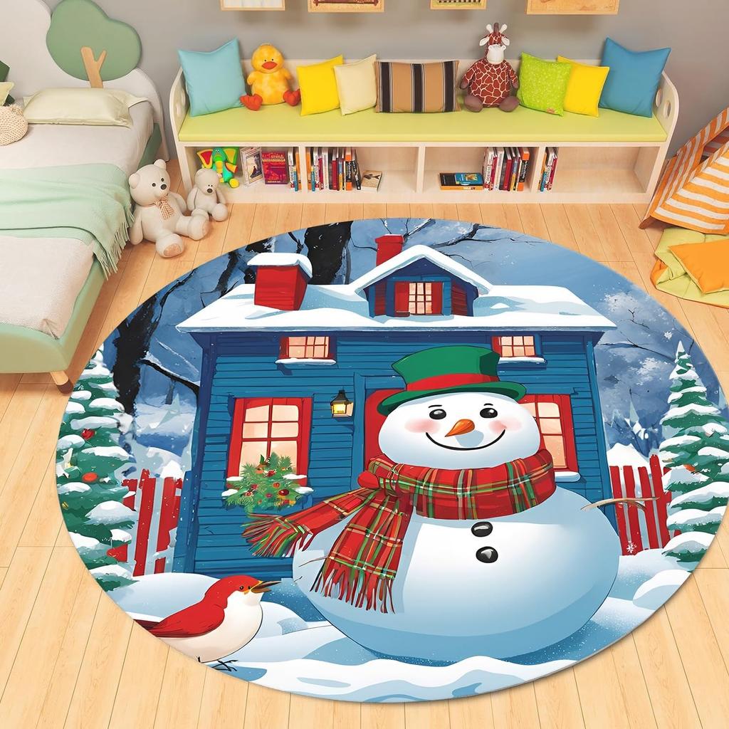 Merry Christmas Round Area Rugs Christmas Tree Red Plaid Rug for Living Room Carpets, Breathable Rug for Kids Room Floor Mat