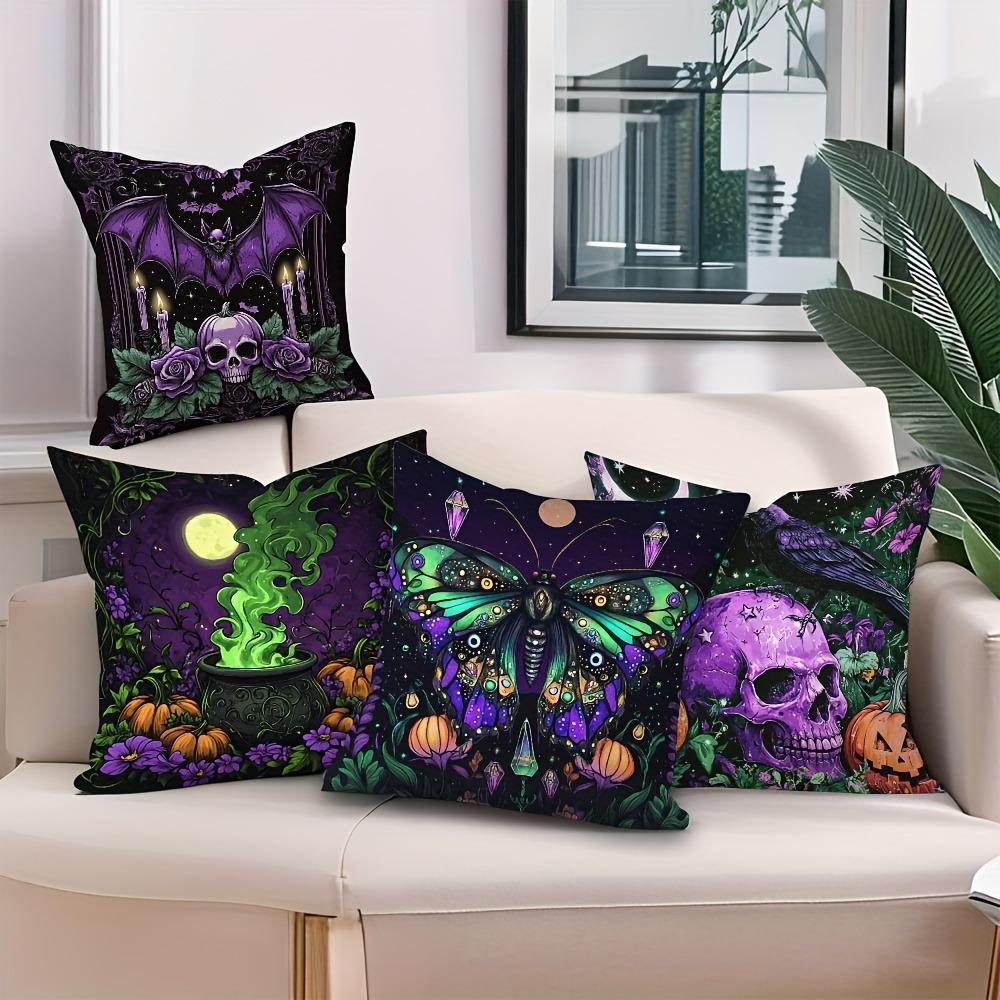 Halloween Themed Pillow Covers: Bat, Cauldron, Butterfly, Raven with Skull and Pumpkin Designs Sofa Cushion Cover