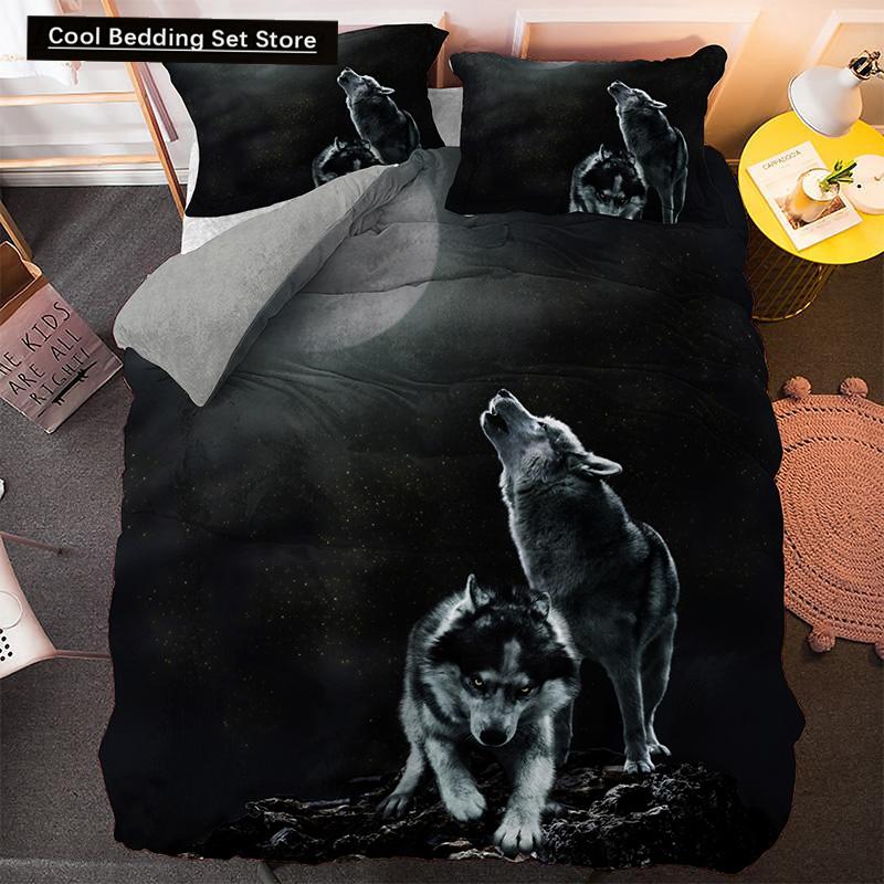 Bettwäscheset mit Weißwolf-Muster Tier Bettbezug Queen King Full Size Bettwäscheset Herren Weiche Polyester Bettdeckenbezug Schwarz Grau