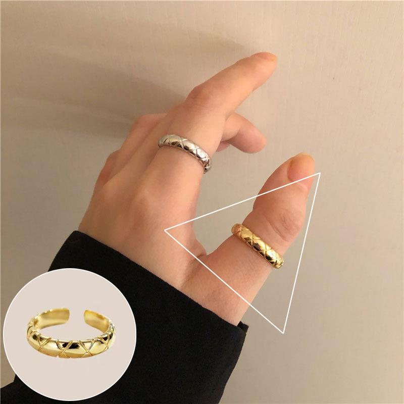 Korean Geometric Grid Ring: Women's Retro Argyle Open Finger Hip Hop Ring