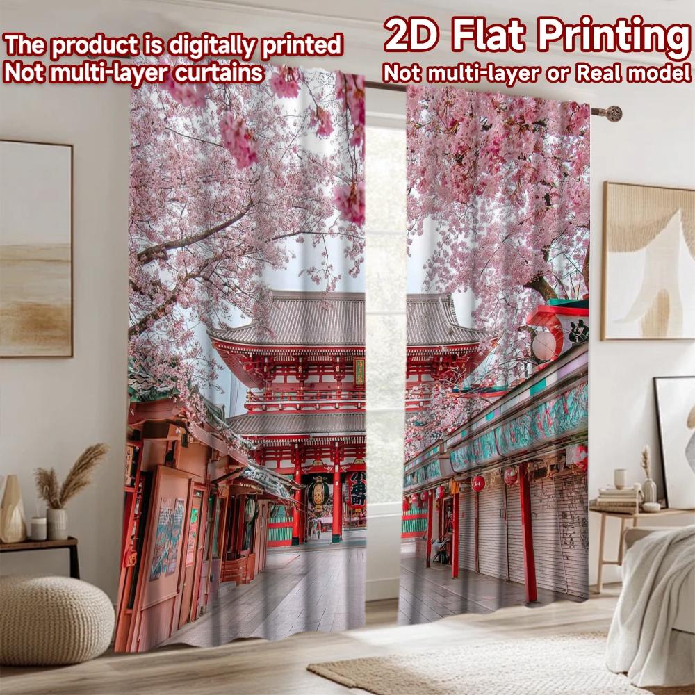 2D flat printing 2pcs Curtain Cherry Blossom Temple Japan Digital Printed Polyester Drapes Festive Holiday Perfect for Photo