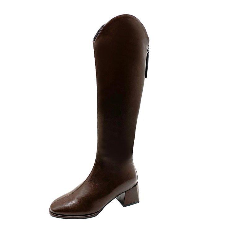 

New elastic square head thick heel V-mouth boots women s rear zipper is thin but knee-high knight boots 39 коричневий