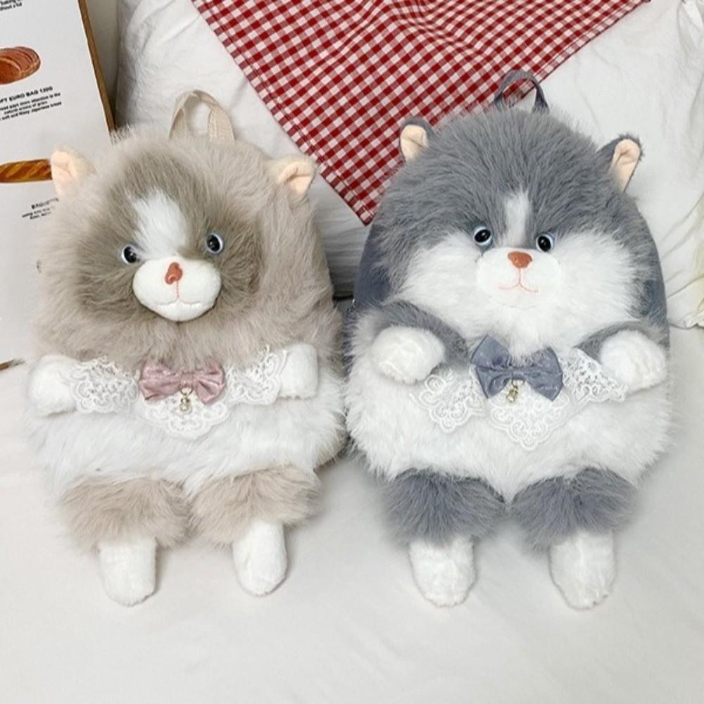 Large Capacity Cat Backpack Soft Fluffy Shoulder Bag Cartoon Plush Rucksack  For Women