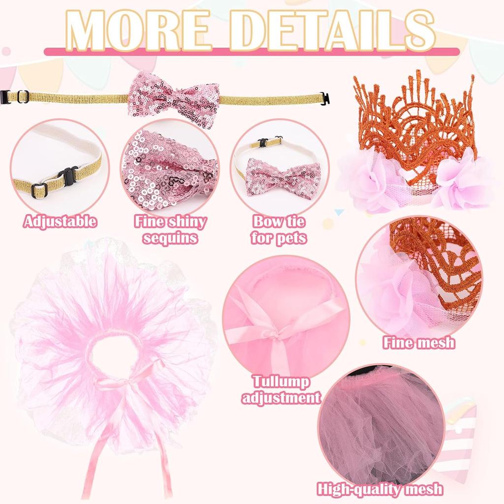 5PCS Girl Dog Birthday Outfit,Small Dog Birthday Hat with Numbers Decorations(Pink)