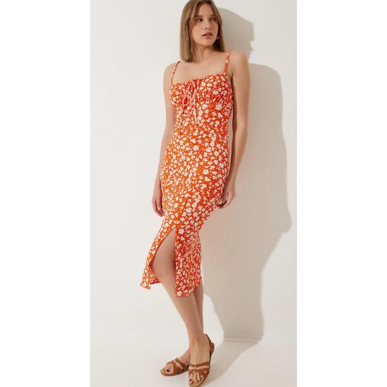 Kadın Oranj Çiçekli Yırtmaçlı Yazlık Örme Elbise Yaz Sezonu Trend Moda
