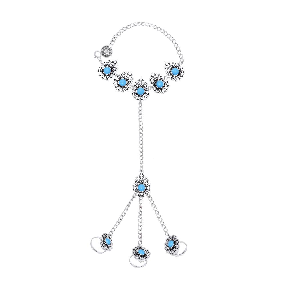 Vintage Silvery Long Chains Finger Pulling Bracelet Alloy Carving Flower Round Acrylic Gem Boho Ethnic Women's Bracelet Jewelry