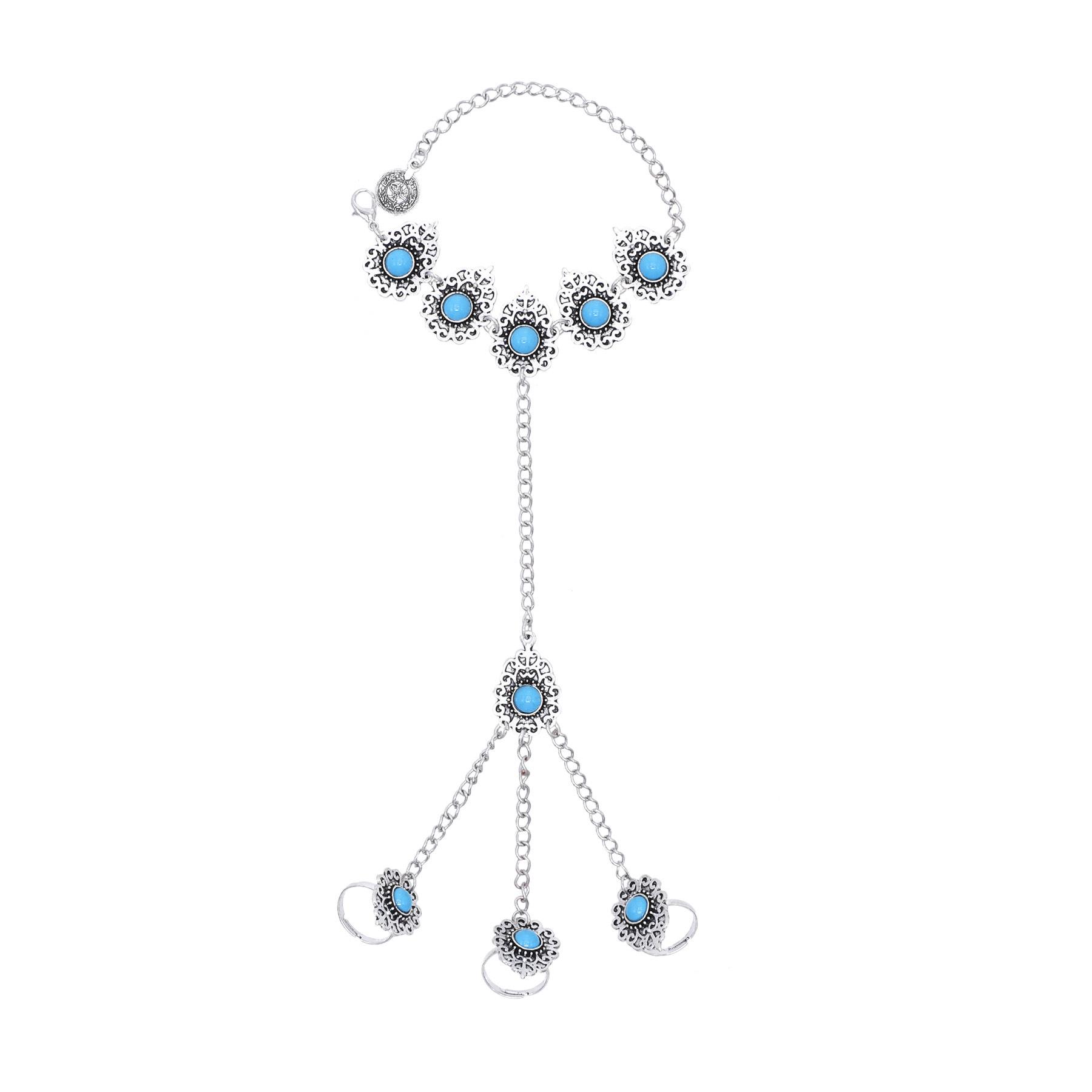 

Vintage Silvery Long Chains Finger Pulling Bracelet Alloy Carving Flower Round Acrylic Gem Boho Ethnic Women s Bracelet Jewelry