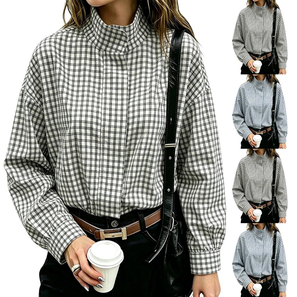 Women's Plaid Short Zip-Up Jacket with Long Sleeves and Stand Collar