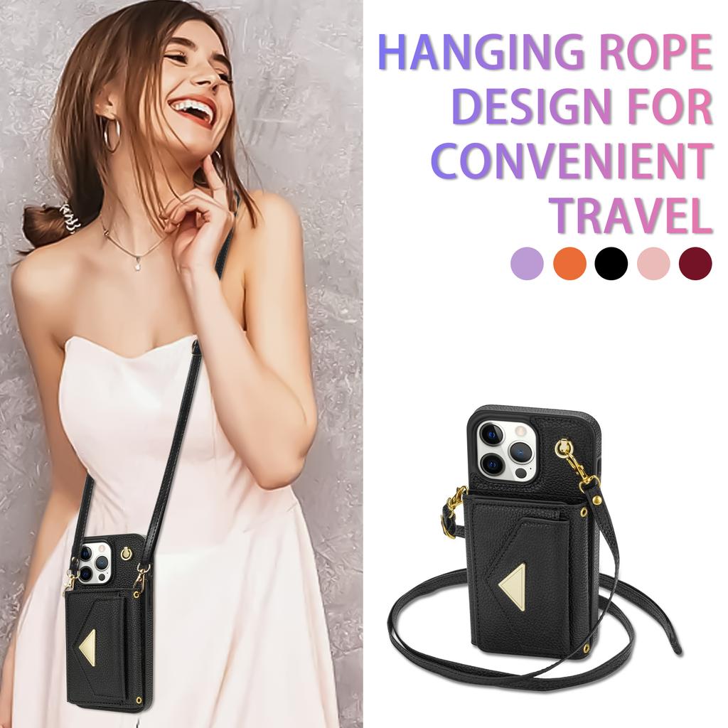 Für iPhone 16 Pro Hülle Kartenhalter Leder+TPU Handyhülle mit langem Riemen