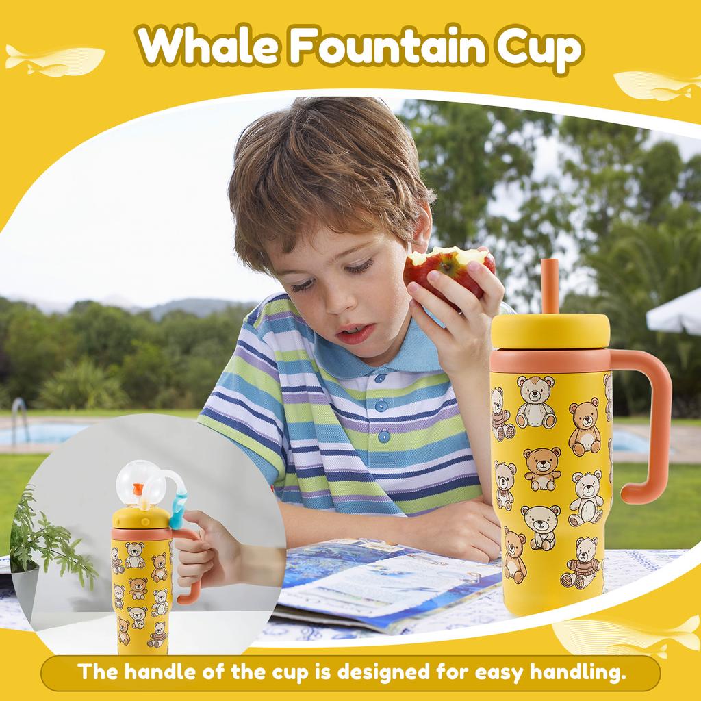710 ML/24 Oz Water Bottle Stainless Steel Whale Fountain Tumbler Leak-proof Drinking Cup with Straw Brush or Cup Brush for Child