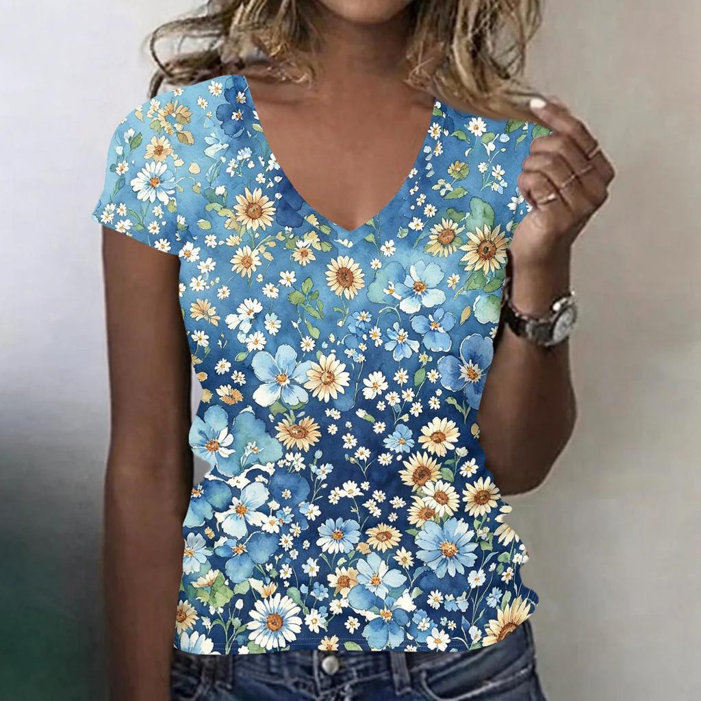 Women V Neck Short Sleeve Floral Print Casual Loose Fit T Shirt Lightweight Soft Fabric Comfortable Top for Daily Wear