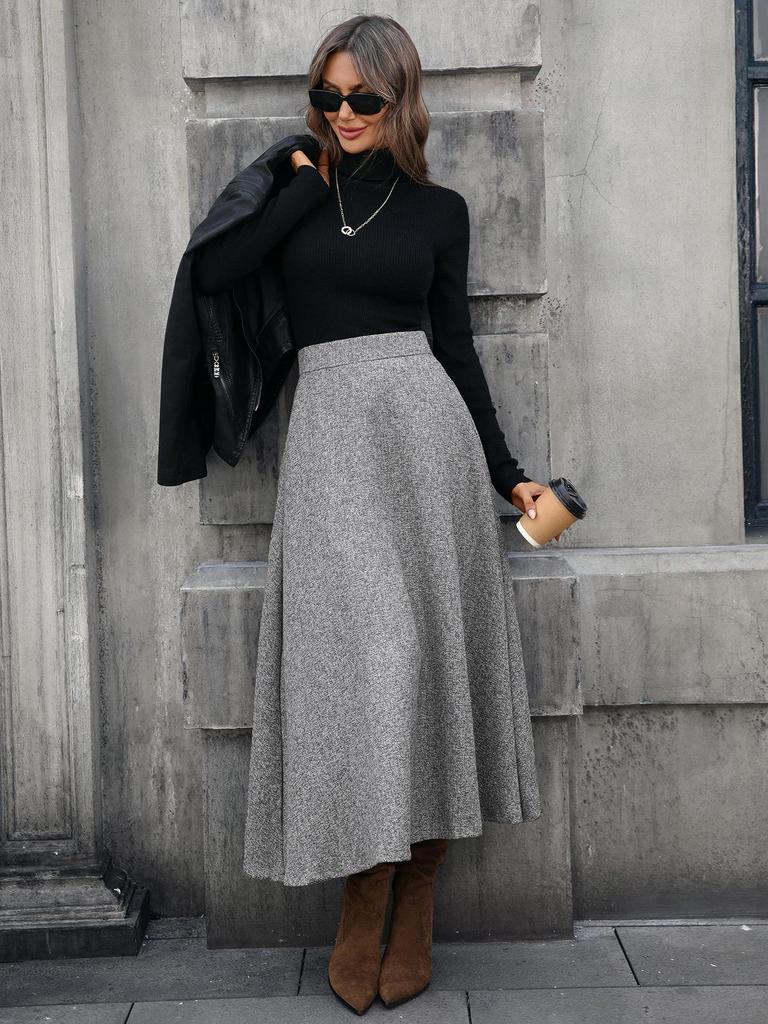 In Stock: High-End European Women's Wool A-line Midi Skirt - Autumn/Winter Collection