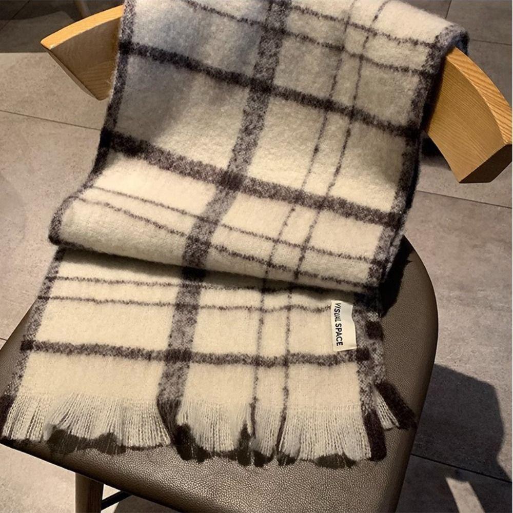 Beige Plaid Scarf Winter Mohair Tassel Shawls Fashion Cashmere Scarves Girls
