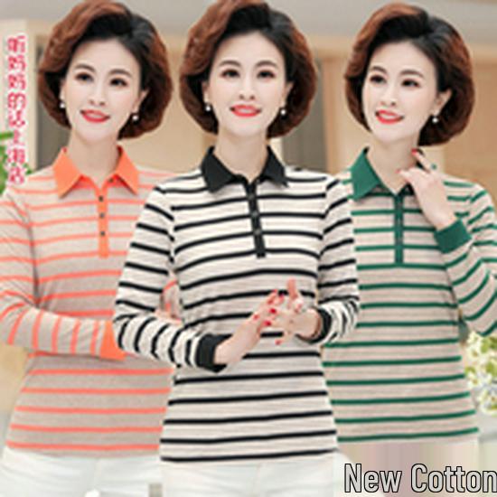 Autumn Cotton Lapel T-shirt for Middle-aged & Elderly Women - Long-Sleeve, Loose Fit, Plus Size