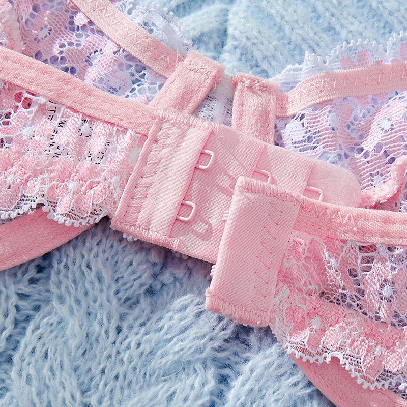 Sweet Pink Embroidered Sexy Bra Set Ultra-thin Underwear Big Breasts Show Small Pure Desire Perspective Lace Comfortable Underwear