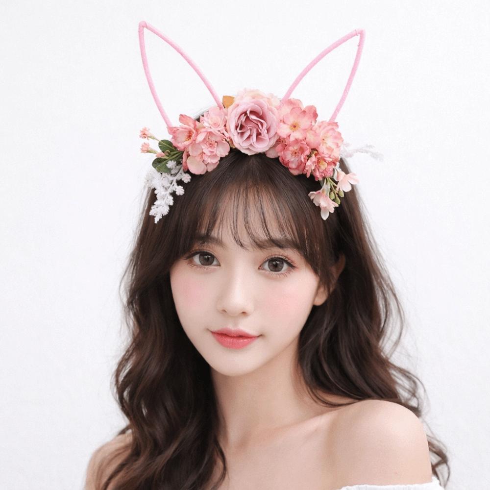 Artificial Flower Rabbit Ears Headband Forest Bunny Ears Hair Hoop Easter Garland  Party Supplies