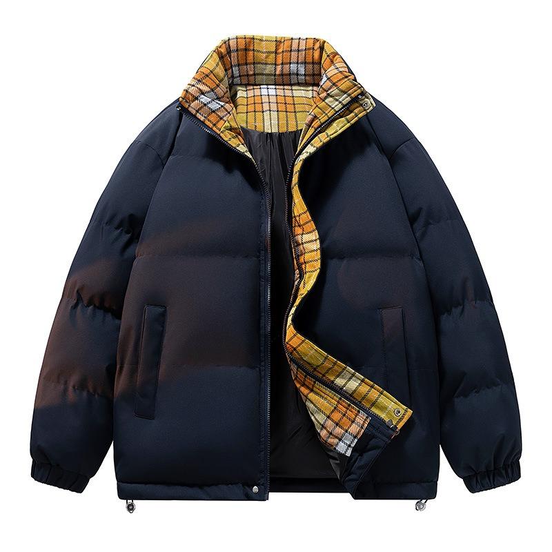 Stand-up Collar Plaid Placket Cotton-padded Coat for Men and Women, Winter Couple's Bread Clothes, Cotton-padded Jacket for Men