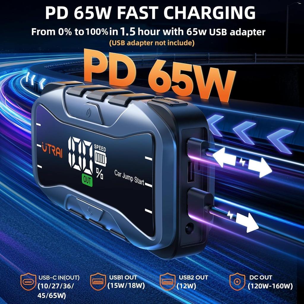 8000A Portable Jump Starter 12V 27000mAh Fast Charge Type-C USB DC LED Flashlight