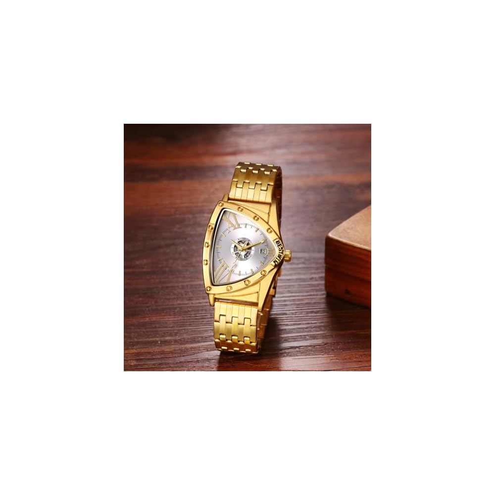 Men's Triangular Analog Watch Waterproof Stainless Steel Antique Silver Gold Calendar Accessory