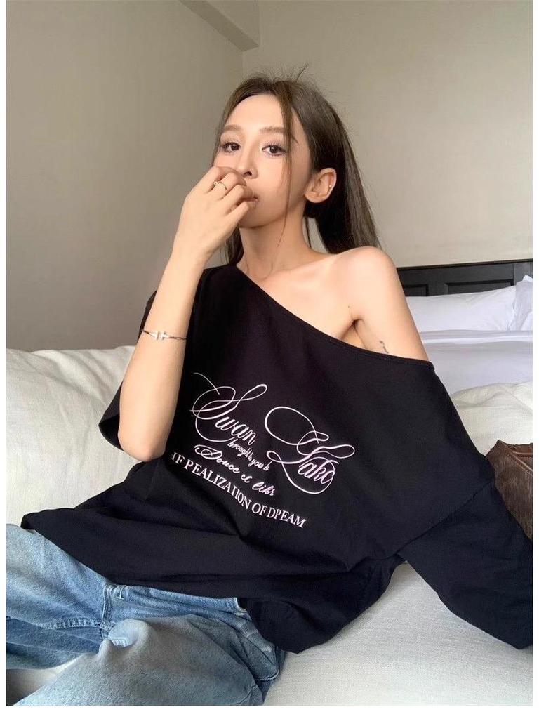Women's Retro American Letter Print Off-Shoulder T-Shirt – Short Sleeves, Casual Loose Fit, Summer Style
