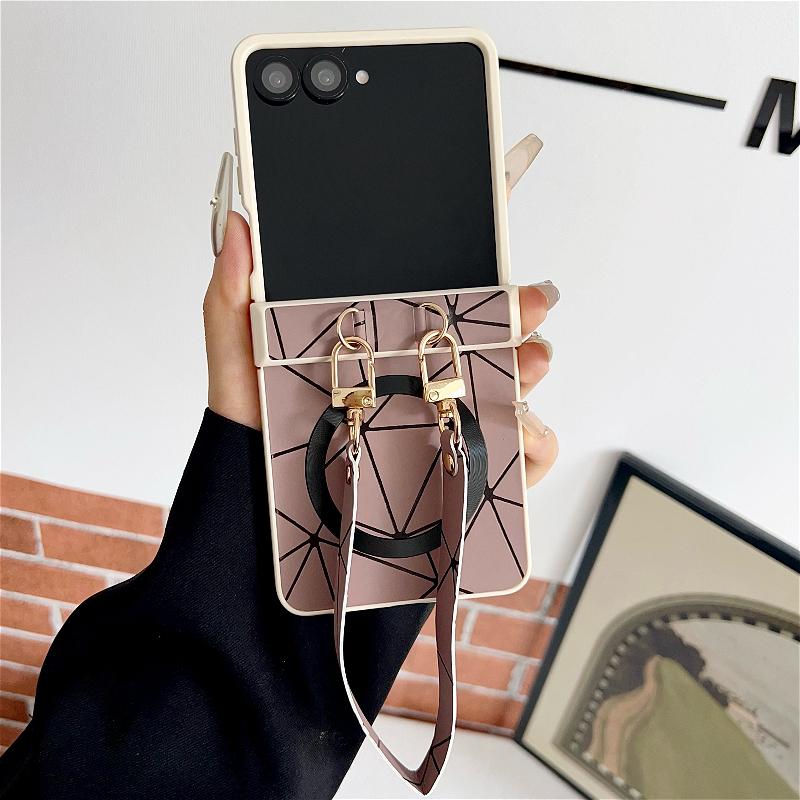 For Samsung Galaxy Z Flip 8 7E 7 6 5 4 Geometric Prism Magnetic Phone Case With Wrist Strap Hinge Protection Shockproof Cover