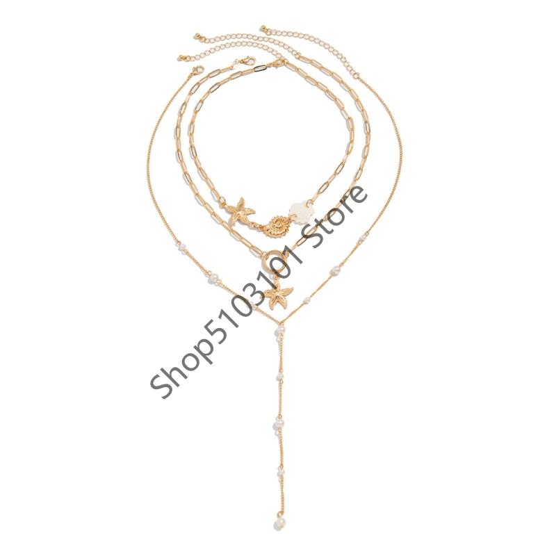 

Bohemian Starfish Shell Conch Pendant Necklace for Women Imitation Pearl Charm Chain Necklace Beach Jewelry Vacation Gift