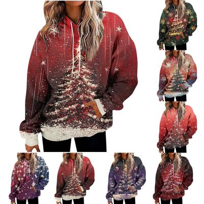 Womens Christmas Print Oversized Sweatshirt Drawstring Pullover With Pocket Trendy Sweater Tops Fashion Clothes