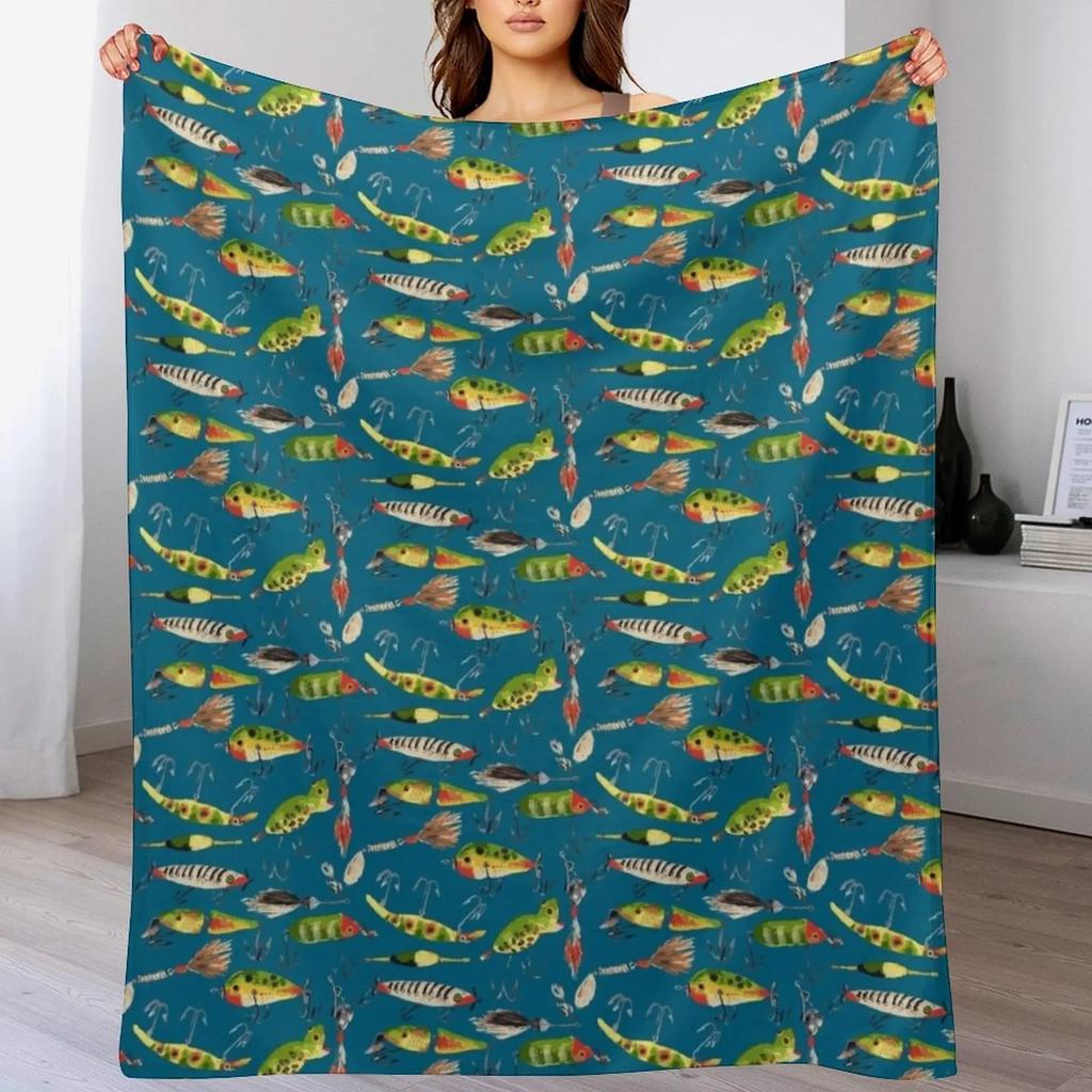 Vintage Fishing Lures Throw Blanket Outdoor Soft Blanket for Picnic Beach Camping