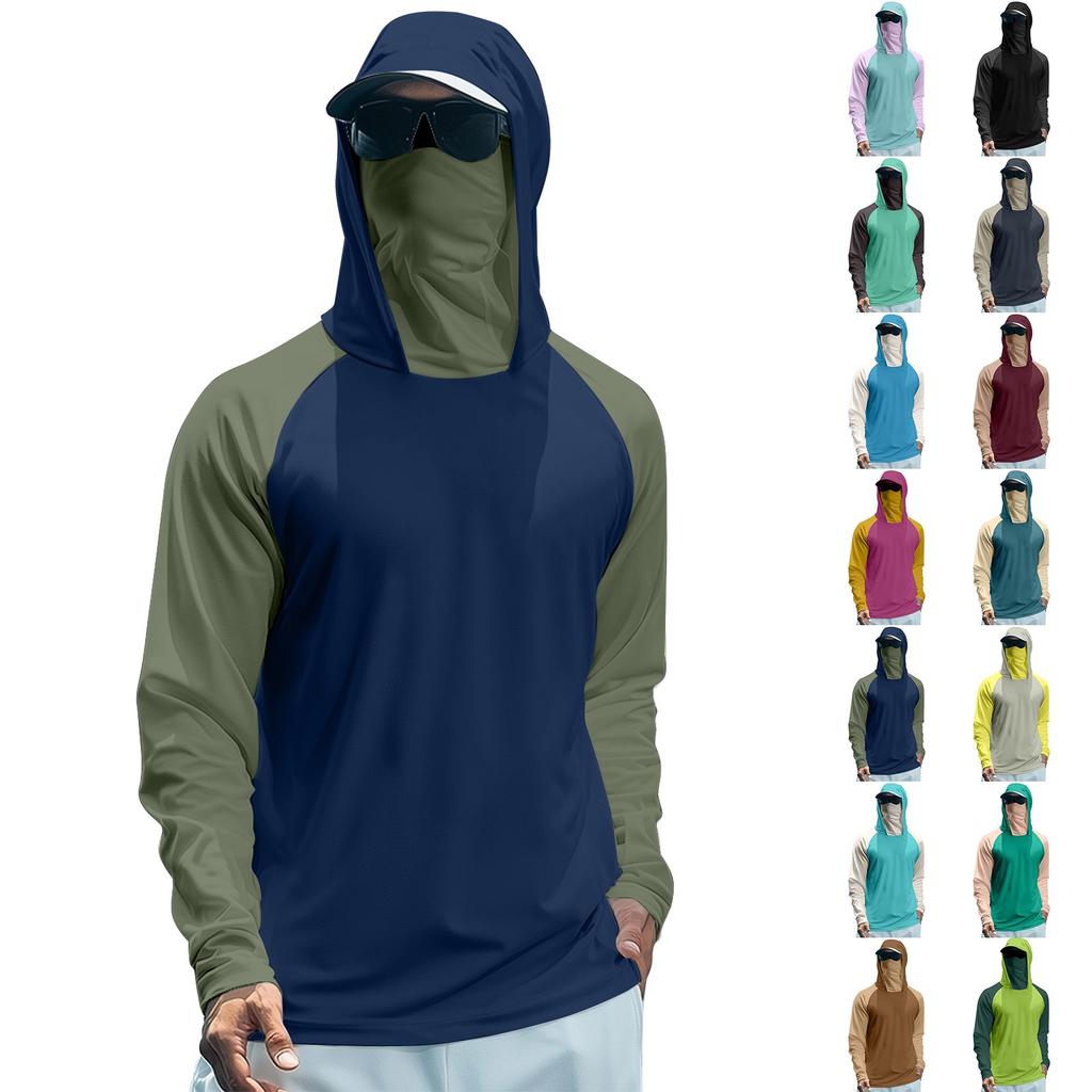 Herren Sommer Farbblock Schnelltrocknendes Langarm-T-Shirt Sonnenschutzkleidung Angeln Fitness Sport Kapuzen-Langarm-Top