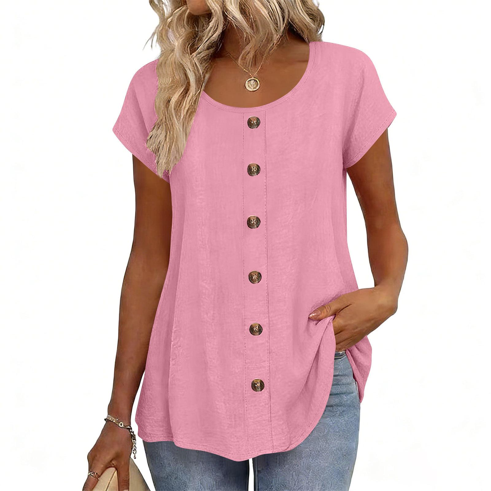 Women s Fashionable Button-Decorated -Color Short-Sleeve Round-Neck T-Shirt Top XXL