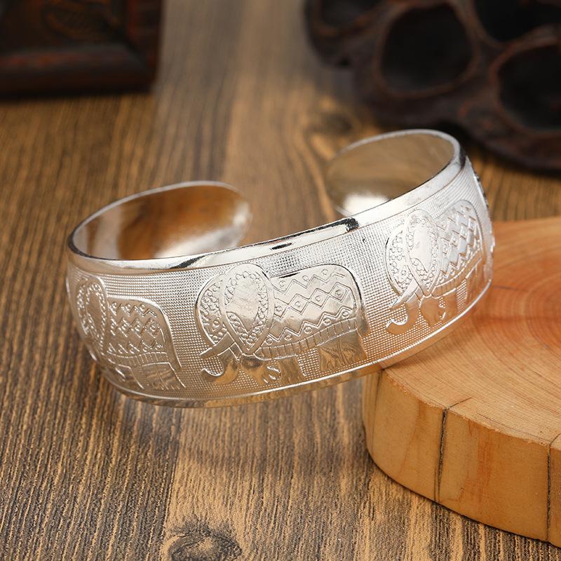 Bohemian Ethnic Style Retro Silver Wide Bracelet For Women Carved Flower Opening Fashionable Bracelet Boho Vintage Jewelry