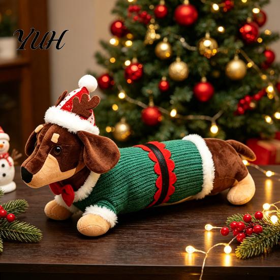 Decorative Plush for Window Christmas Dachshund Toy, Cute Dog Stuffed Animal with Santa Hat Sweater, Festive Figurine Home Soft Holiday Decor Ornament