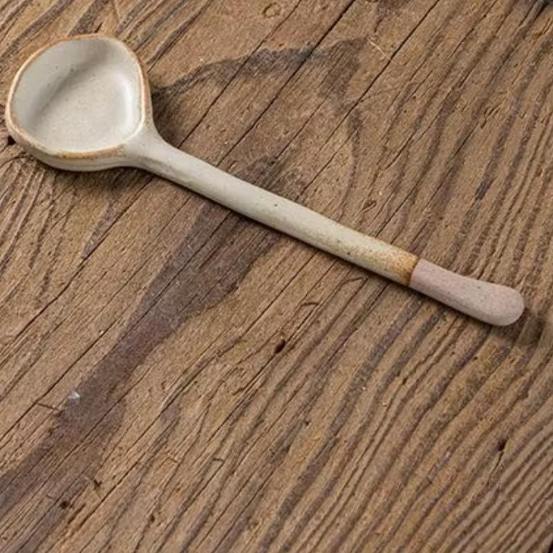 Japanese Coarse Pottery Spoon Household High Appearance Level Small Spoon Long Handle Coffee Cup Spoon Soup Spoon Porridge Spoon