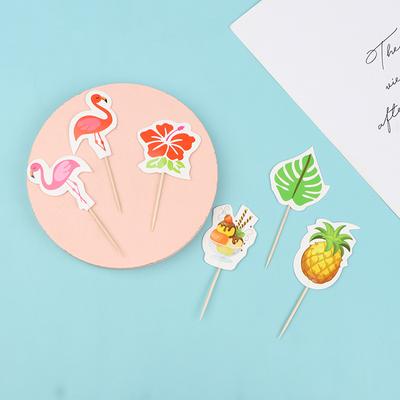 24 יחידות טופרים לקאפקייקס לואו קיסמי שיניים הוואיים עם טופרים בצורת פלמינגו, אננס ועלי דקל, קישוט למסיבת חוף קיצית טרופית