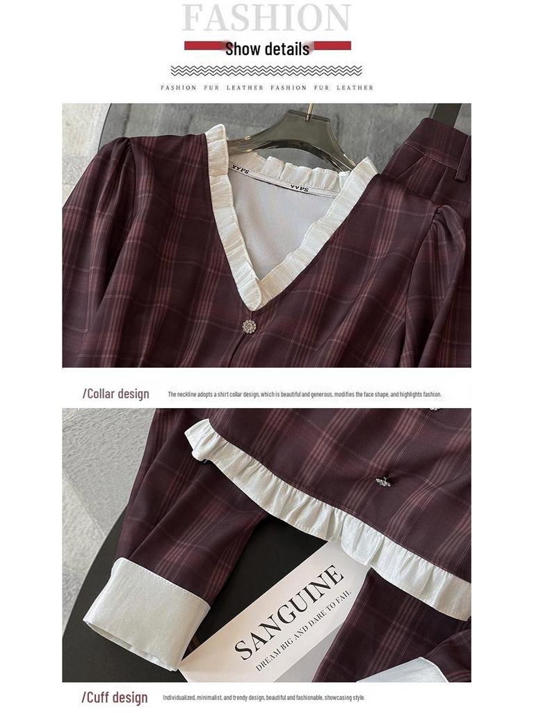 Autumn 2025 Women's Retro Plaid V-Neck Top with Wide-Leg Pants Suit